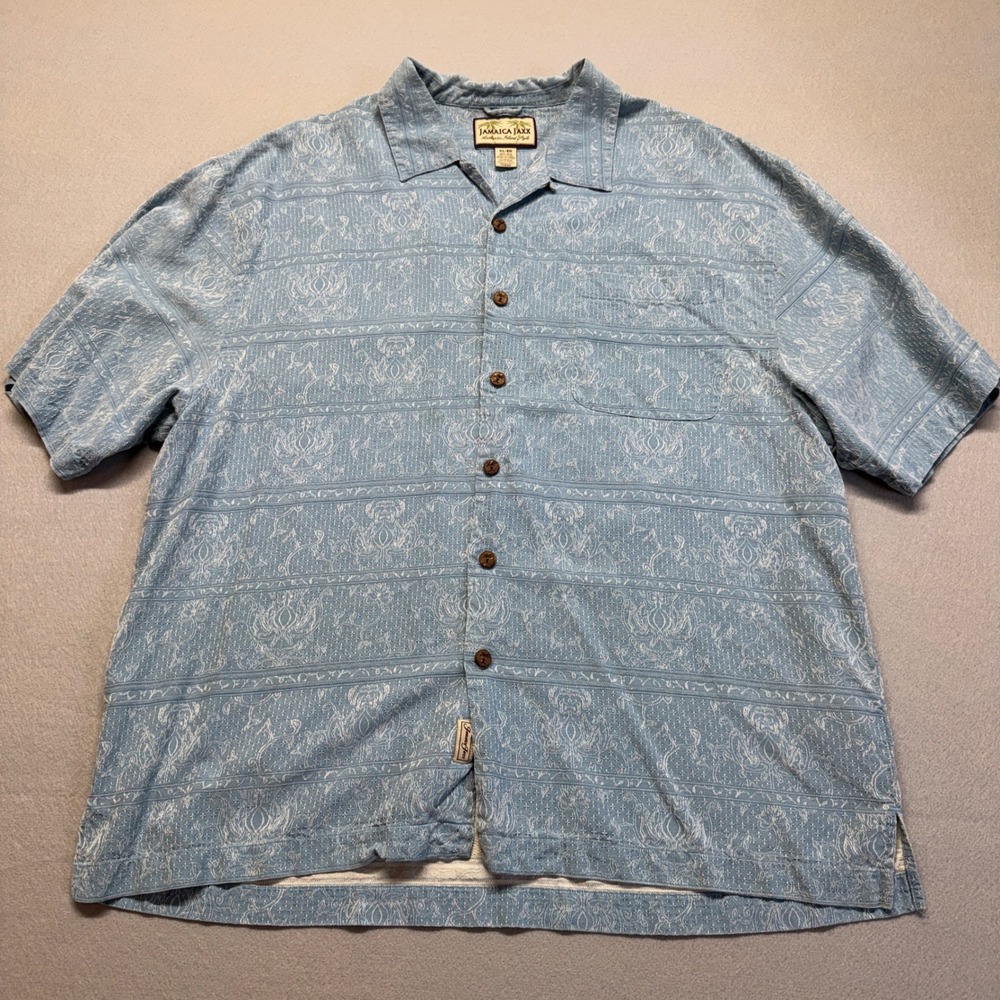 Jamaica Jaxx Mens XL Blue 100% Silk Jacquard Tropical Camp Shirt Short Sleeve